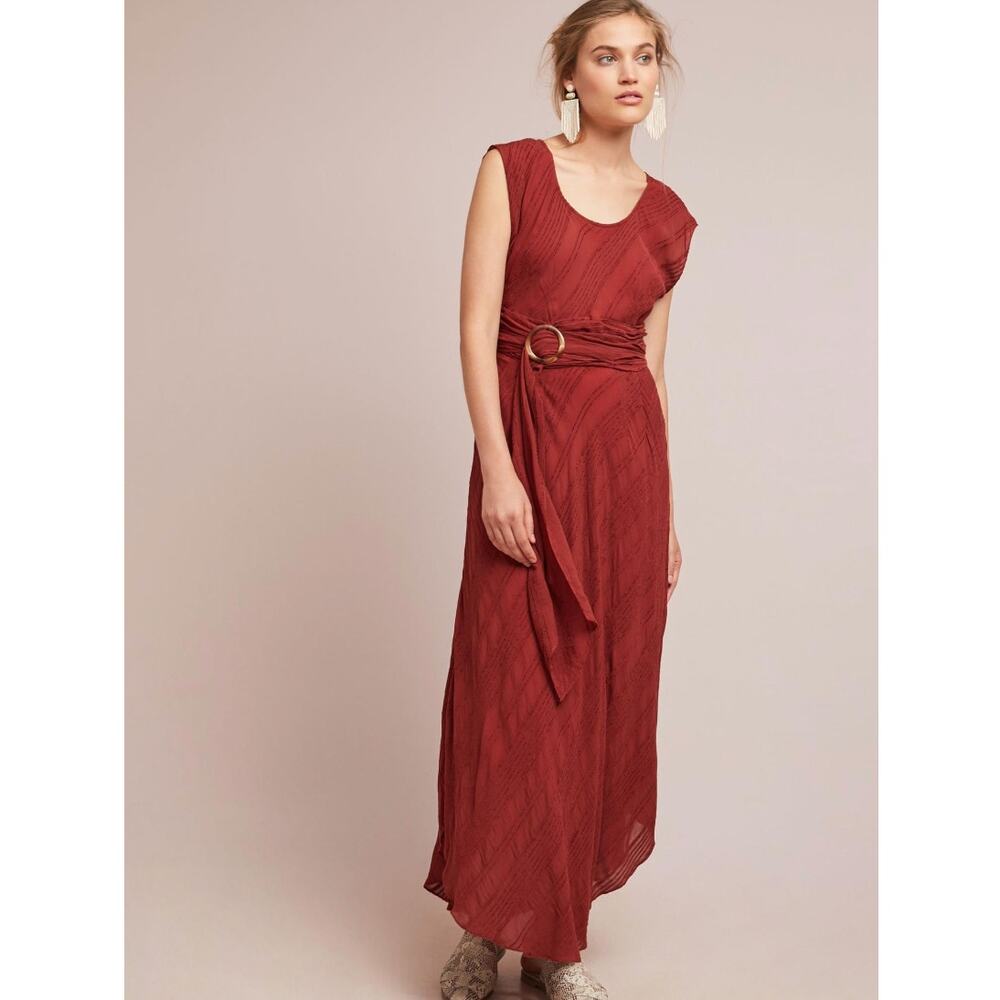 Anthro Anthropologie Moulinette Soeurs Guinevere Belted Textured Maxi Dress 10P